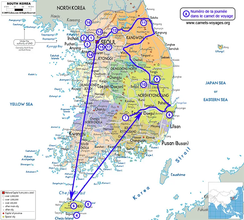 Carte itinéraire voyage Corée du Sud