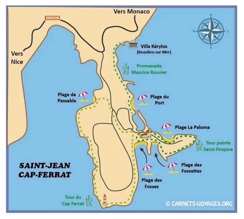 Carte plan que faire à Saint-Jean-Cap-Ferrat avec plages et randonnées
