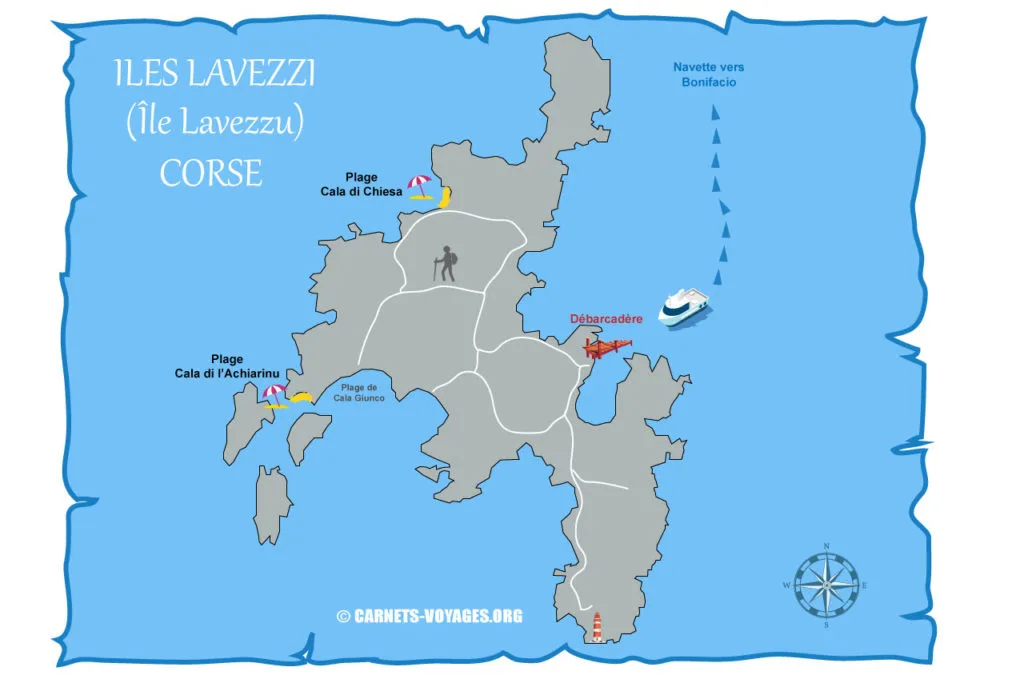 Carte des îles Lavezzi (Lavezzu) en Corse avec plages et débarcadère