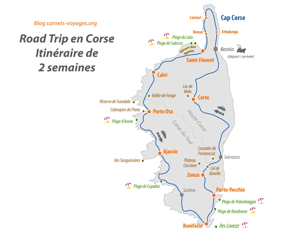 Carte itinéraire 2 semaines (15 jours) road trip en Corse