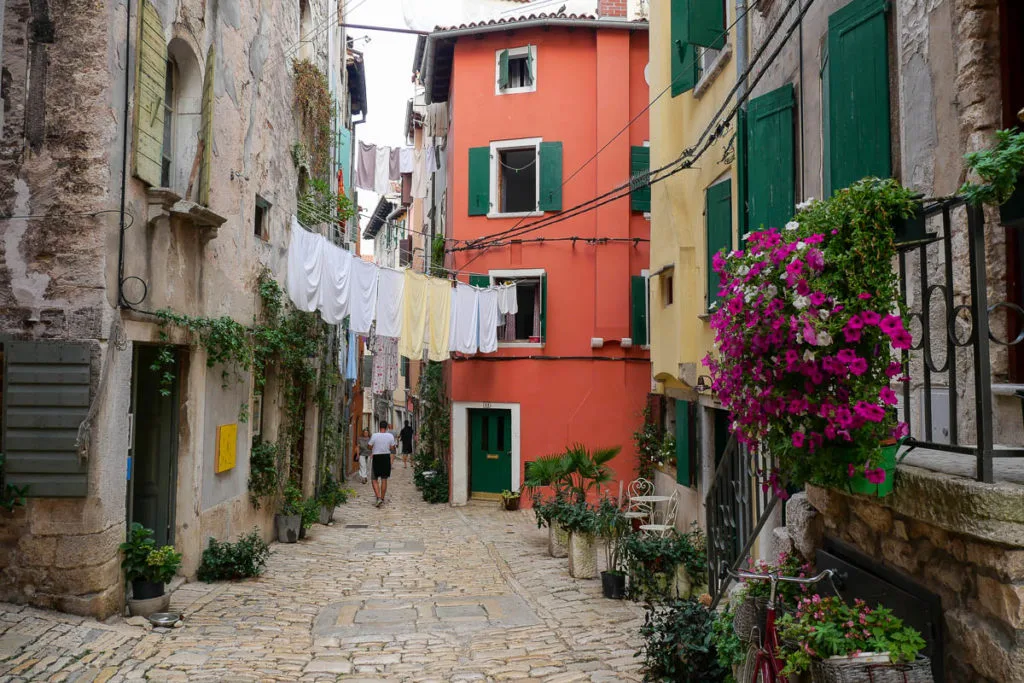 Rovinj Croatia cobbled alley laundry flowers