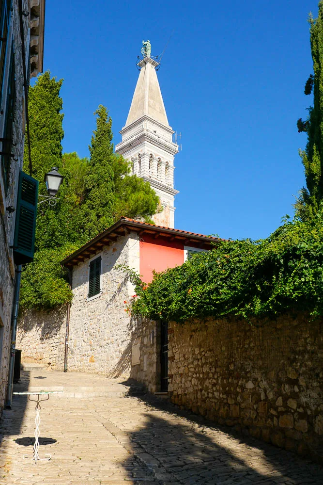 Rovinj Croatia cobbled alley bell tower