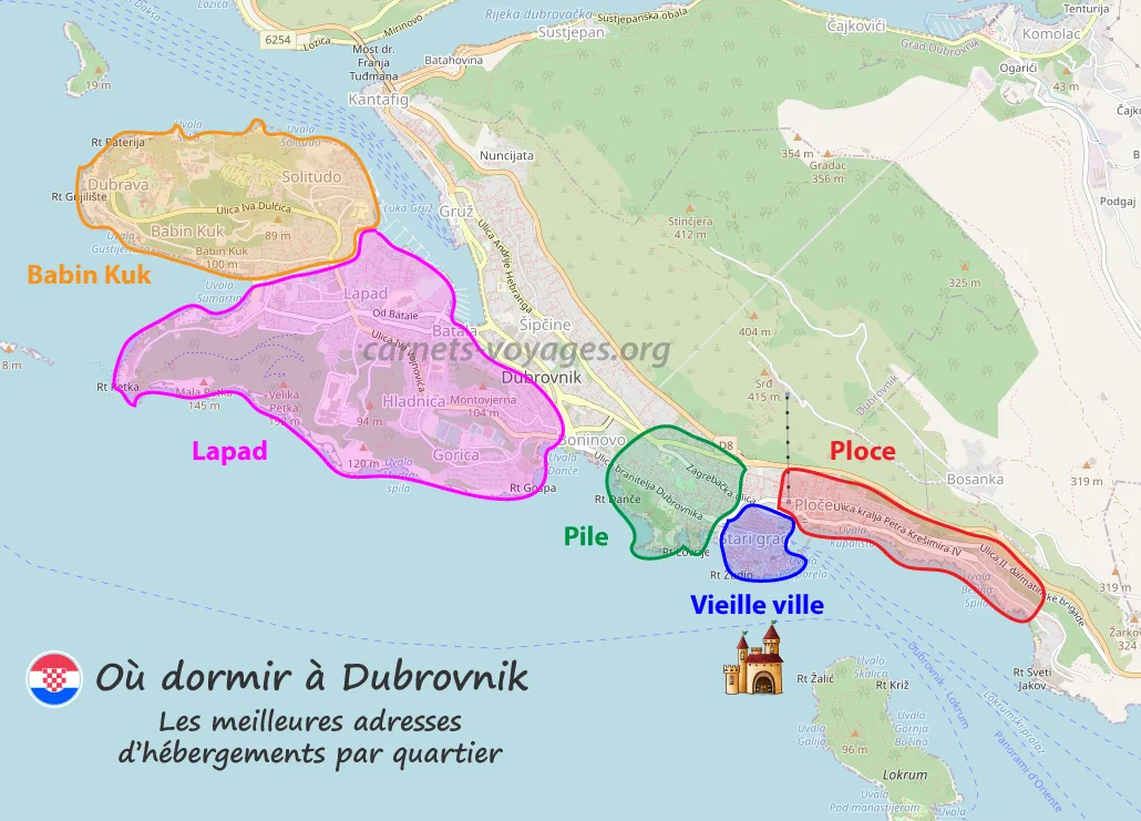Plan des quartiers où dormir à Dubrovnik Croatie carte où loger hébergements