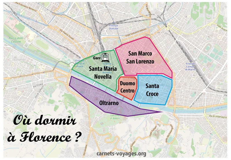 Plan des quartiers où dormir à Florence en Italie carte des hébergements
