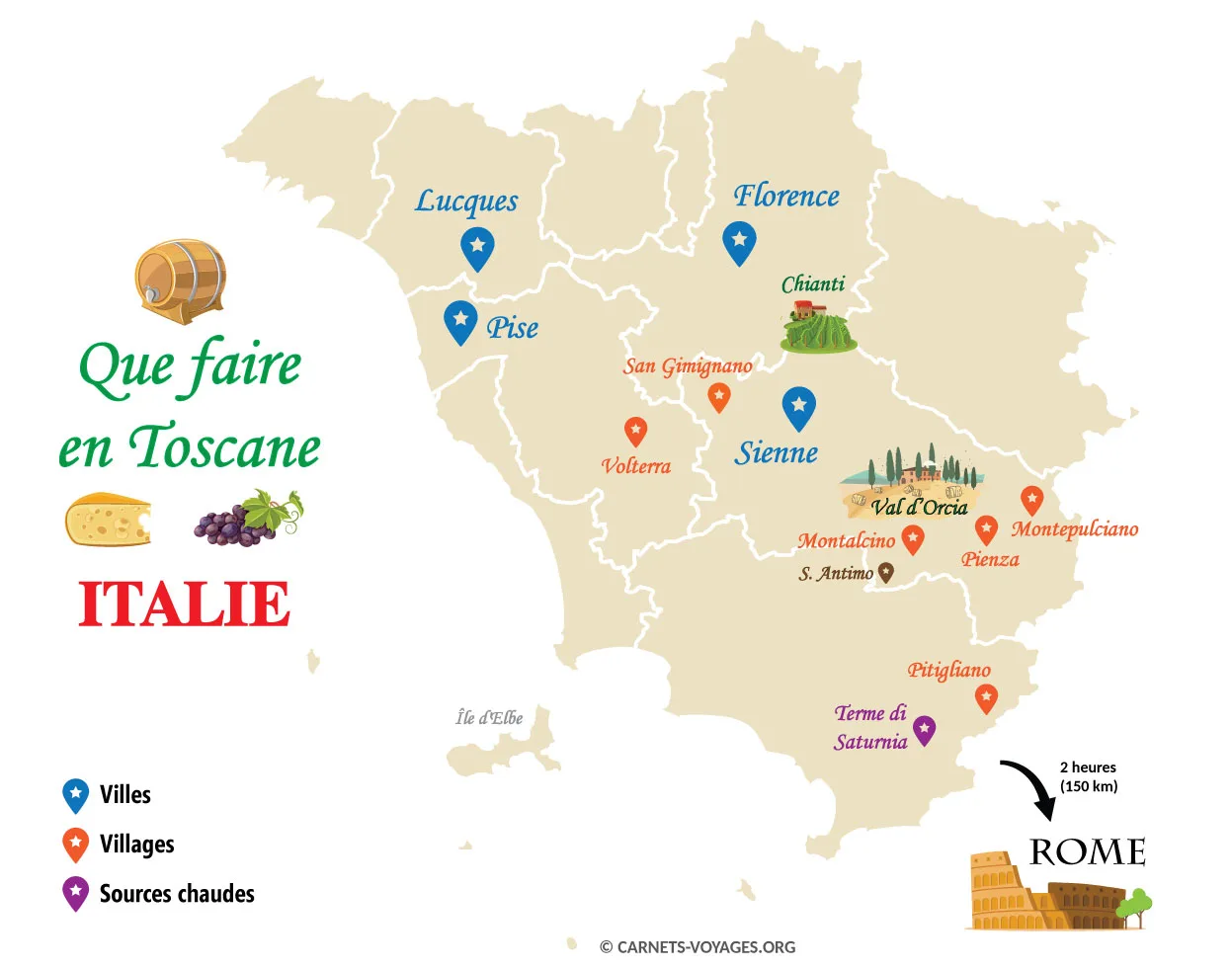 carte que faire en Toscane Italie lors d'un road trip infographie itinéraire