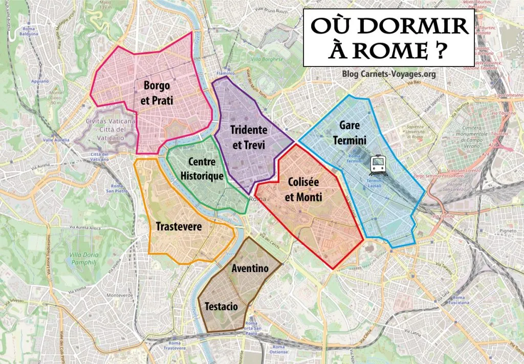 carte plan des quartiers où dormir à Rome en Italie