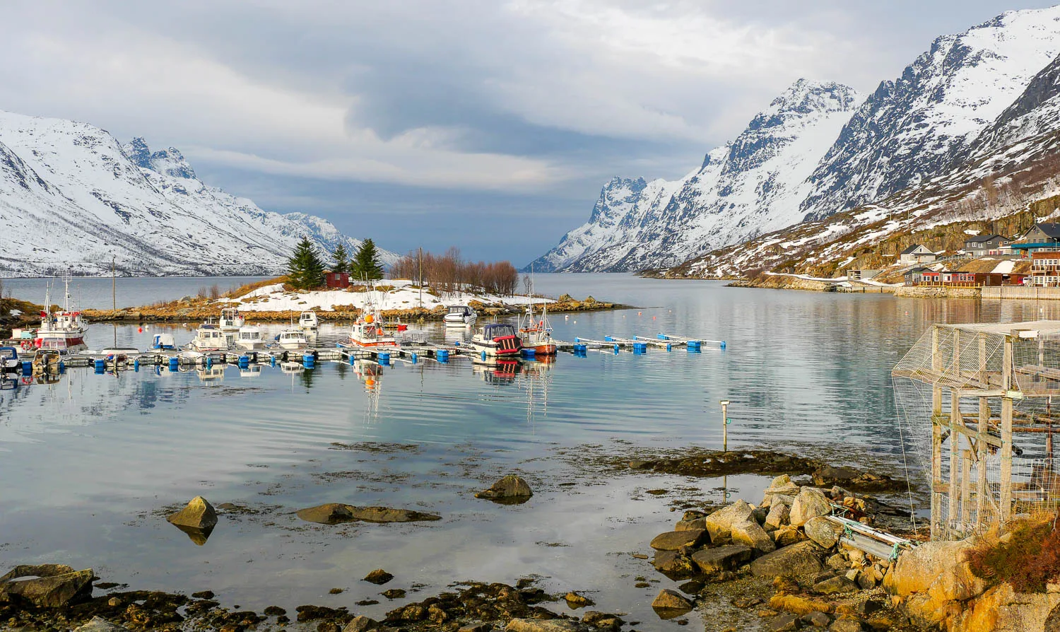 Fjord Ersfjordbotn port village ile de Kvaløya Norvège