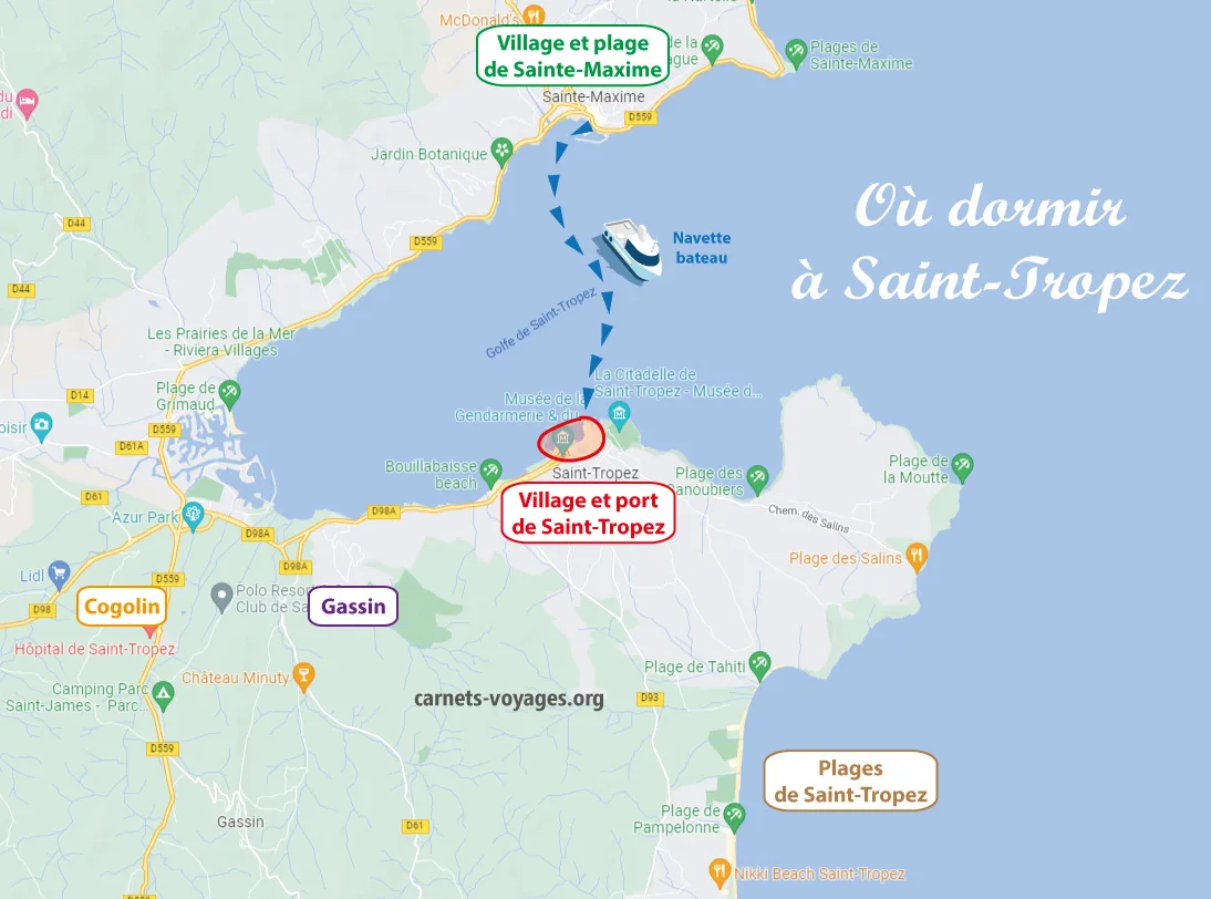 plan carte où dormir à Saint Tropez Saintes Maxime plages