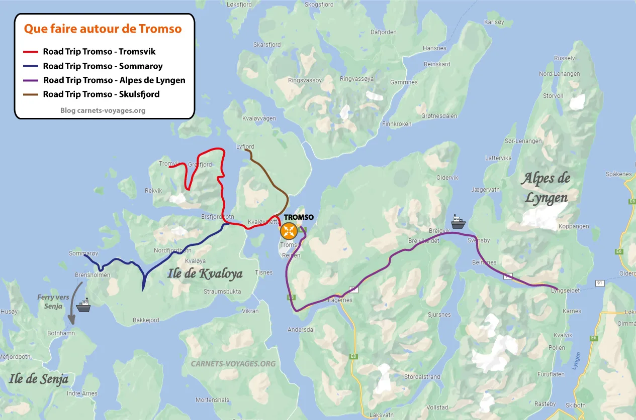 Carte plan road trip autour de Tromso Norvège