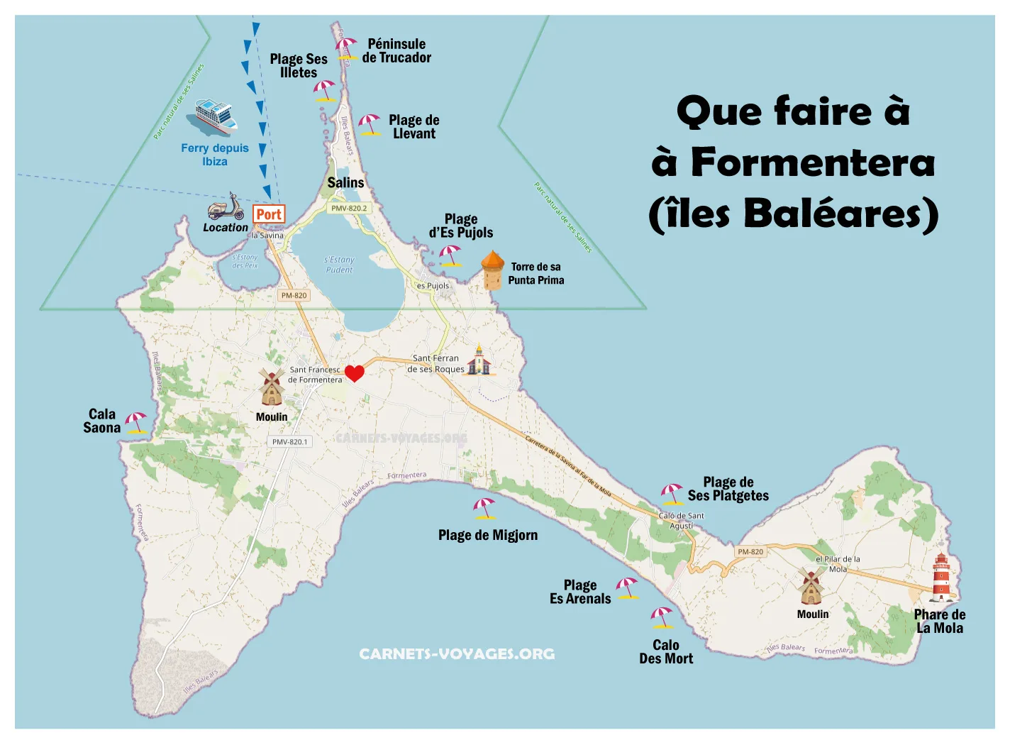 Carte plan que faire à Formentera îles Baléares Espagne