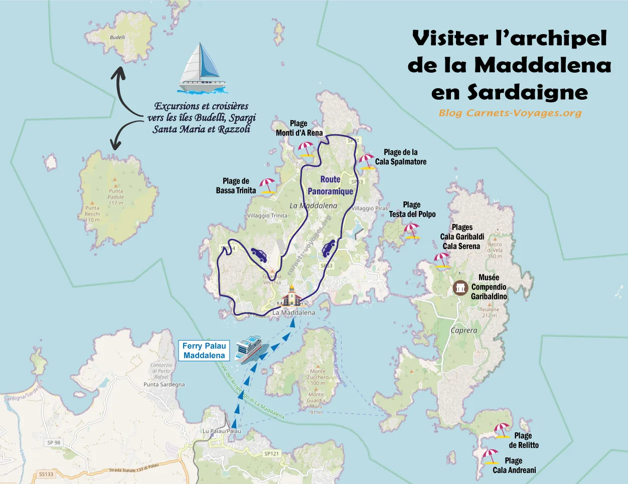 carte plan visiter l'archipel de la Maddalena en Sardaigne Italie