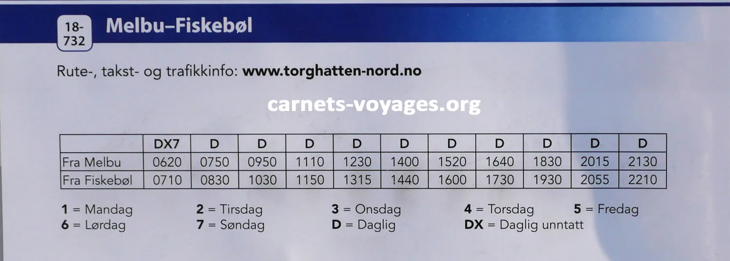 Horaires ferry Melbu Fiskebol Norvège Vesteralen Lofoten