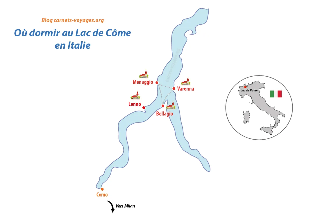carte plan où dormir au lac de Côme en Italie meilleurs villages où loger