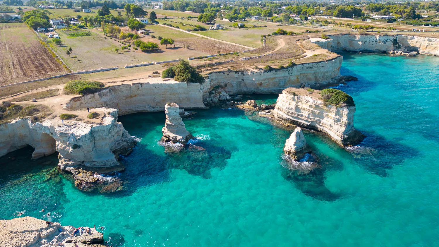 Drone view of the Faraglioni di Sant'Andrea Puglia Salento Italy