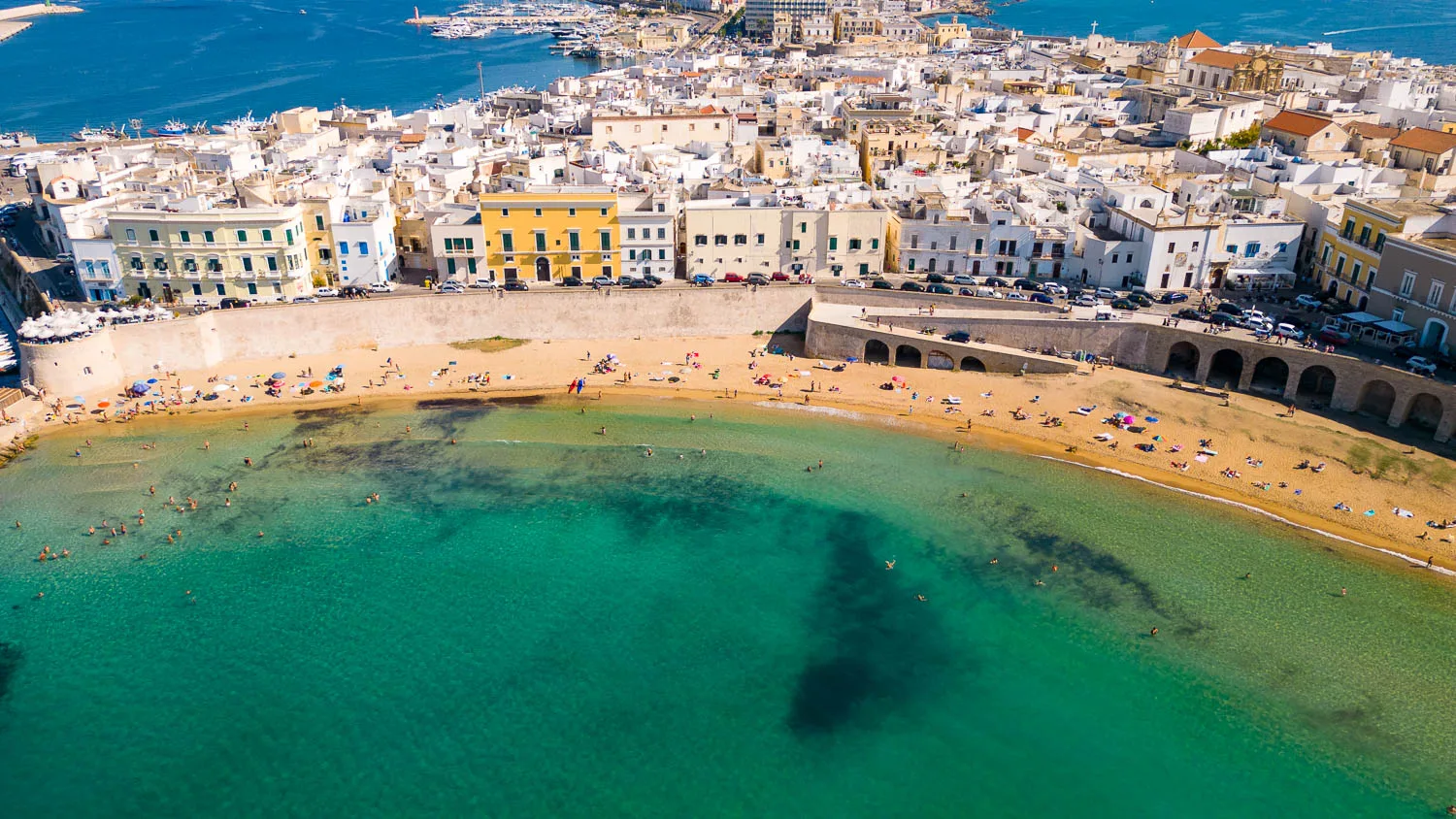 Spiaggia della Purità beach Gallipoli old town aerial drone view