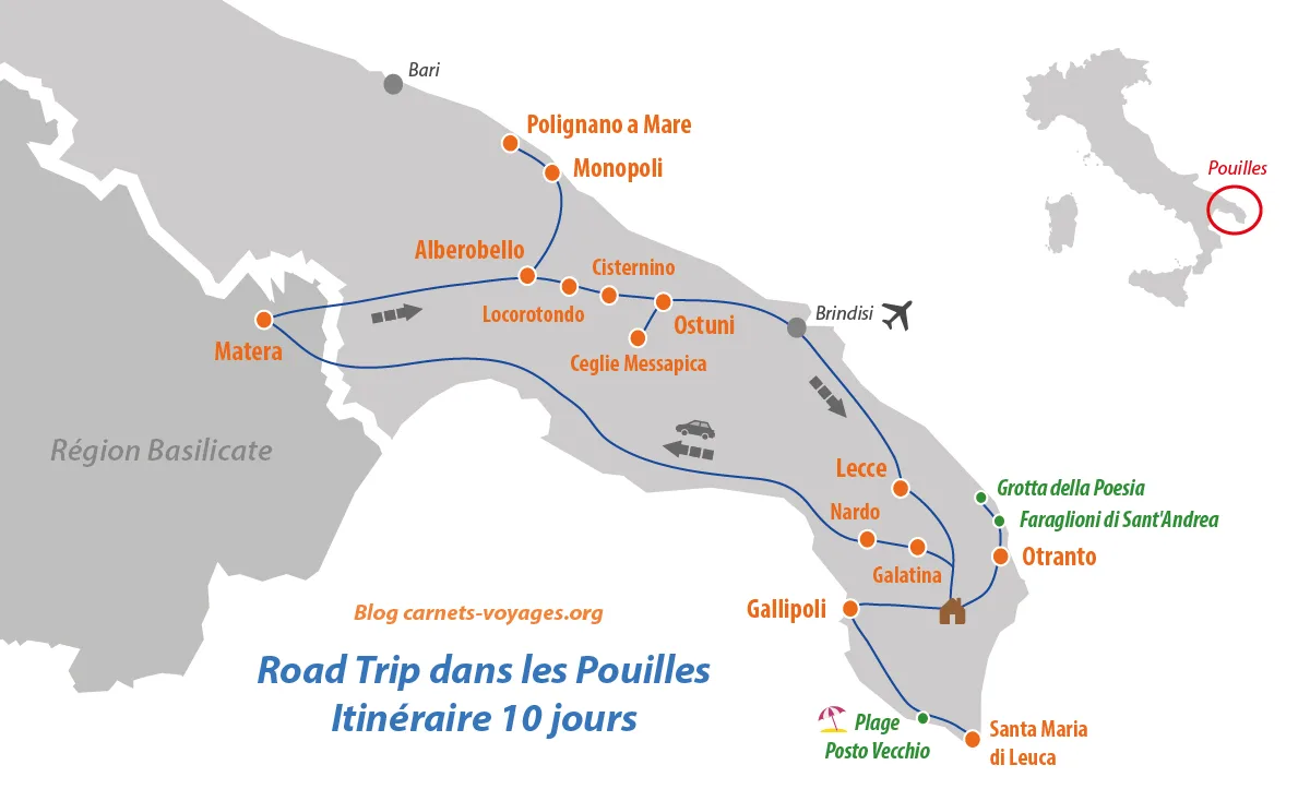 Carte et itinéraire visiter les Pouilles en road trip Italie plan