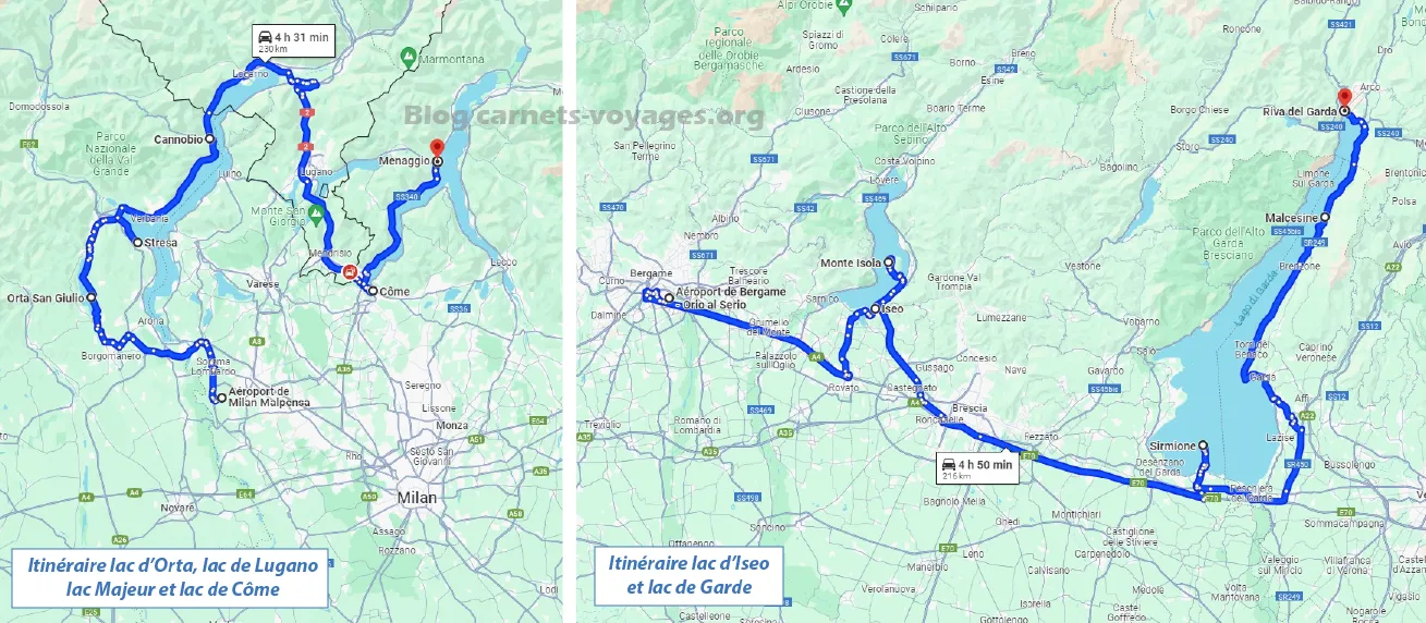 Carte plan itinéraire lacs italiens road trip circuit