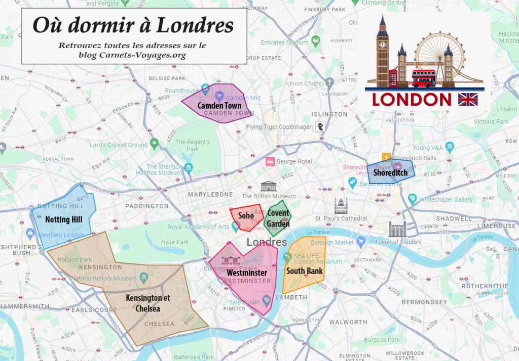 carte plan où dormir à Londres quartiers