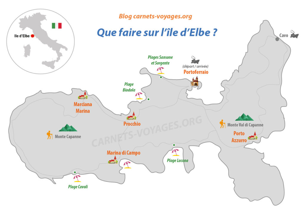 Carte plan que faire sur l'île d'Elbe en Italie