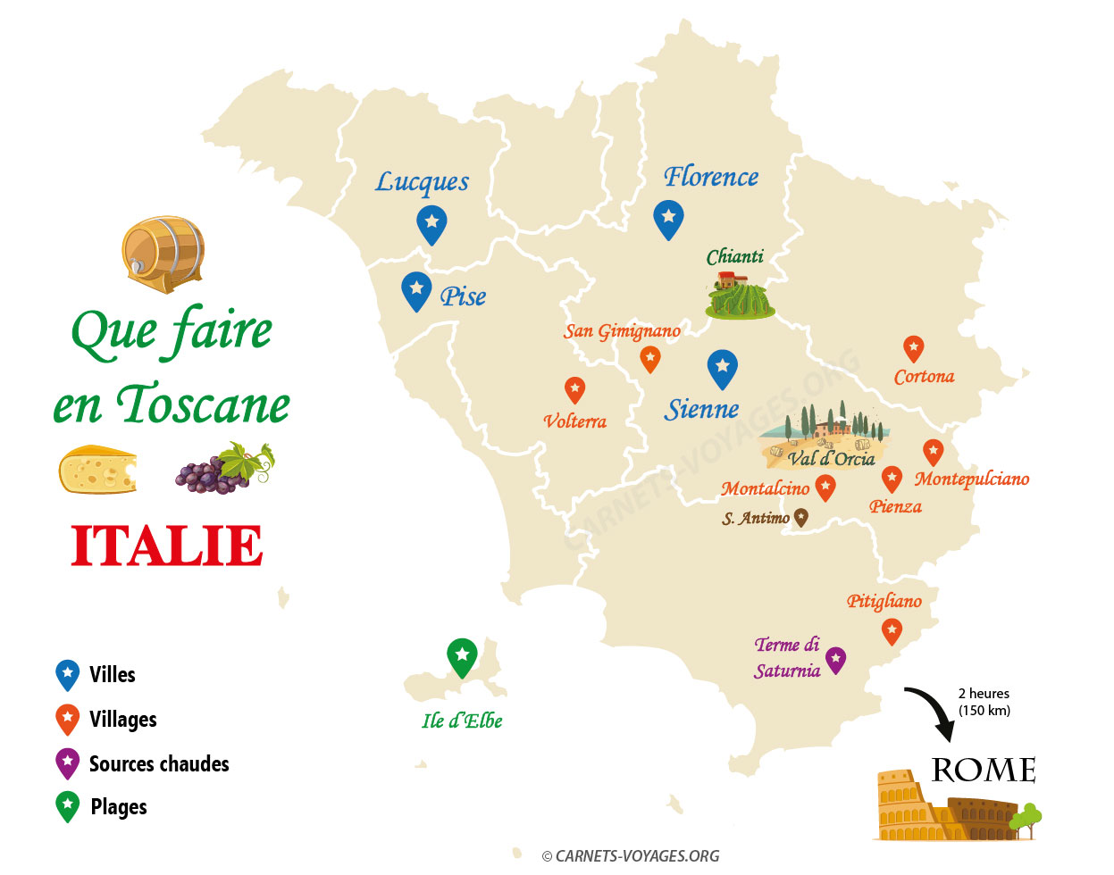 carte que faire en Toscane Italie lors d'un road trip infographie itinéraire